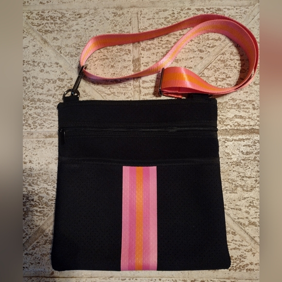 HAUTE SHORE Handbags - Haute Shore Black Pink Orange Neoprene Crossbody Bag
